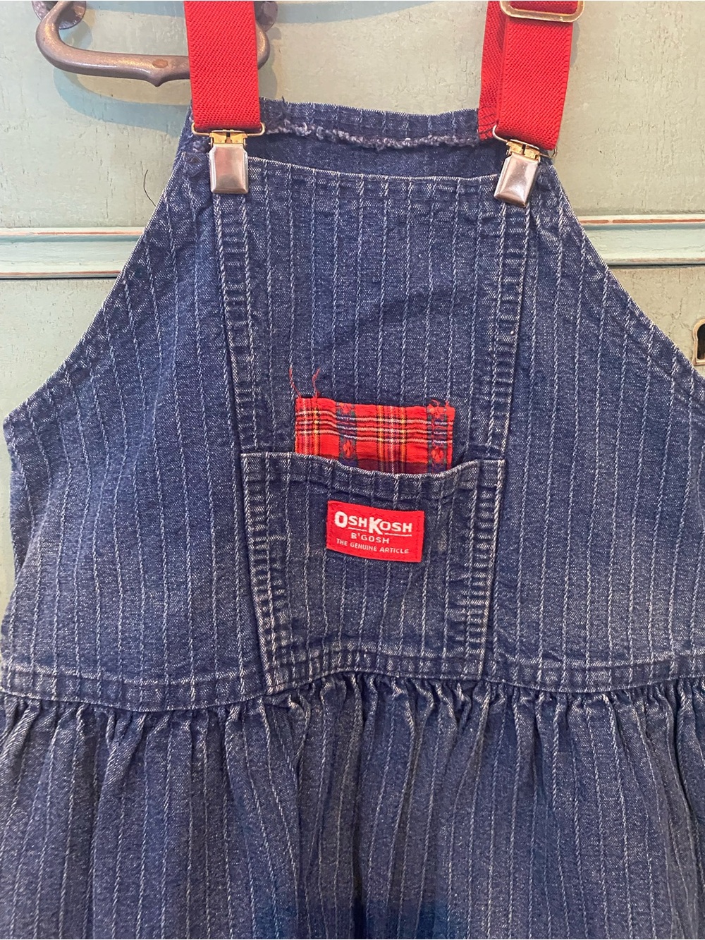 VintageOshKosh B'gosh Girls' Navy Pinstripe Denim Overall Dress with Red Accents